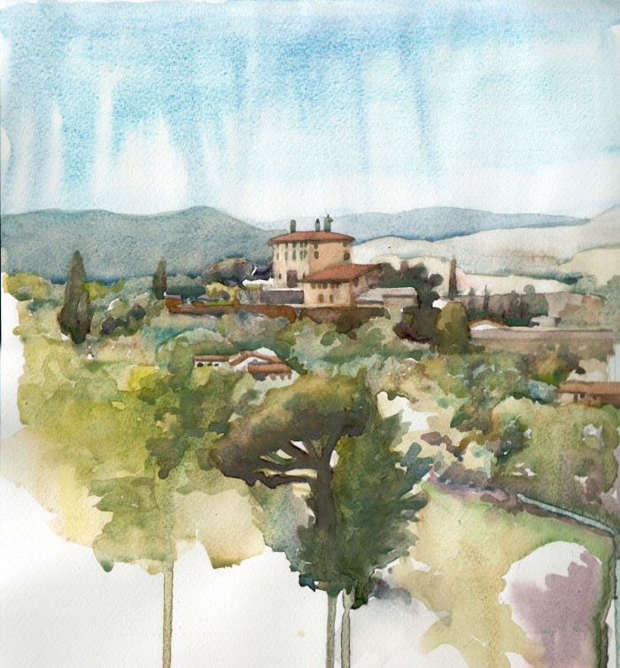 Tom Byrne, Painted beside San Miniato Al Monte, looking out over the hills of Tuscany. Watercolour on paper. 30x40cm