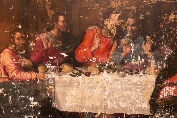 Plautilla Nelli, Last Supper, detail of left side of canvas under restoration